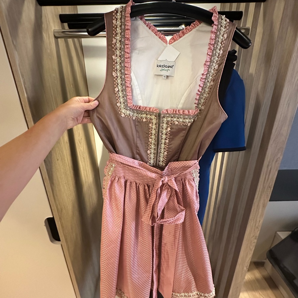 Pink and Brown Dirndl with Lace/ beaded  Accents ( dress and apron only).